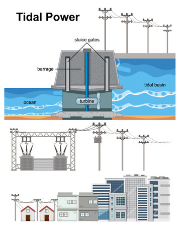 Renewable Energy Concept with Tidal Power Station illustrationのイラスト素材