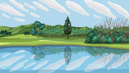 Reflection of Trees in River Landscape illustrationのイラスト素材