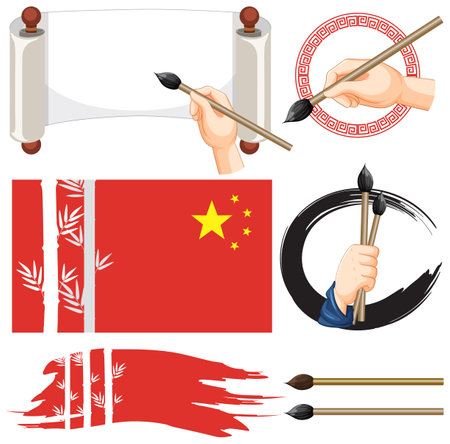 Chinese flag symbol with ink brush set illustrationのイラスト素材
