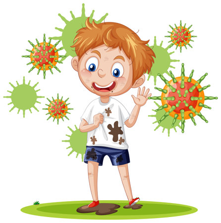 A boy surrounded by germs illustrationのイラスト素材