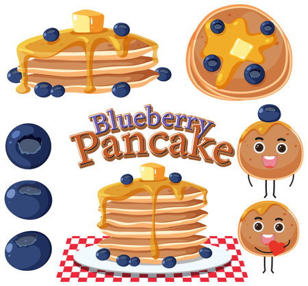 Blueberry pancake elements set illustrationのイラスト素材