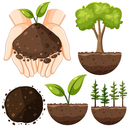 Set of plant and soil illustrationのイラスト素材