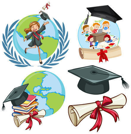 Earth Graduation Cartoon Icons Set illustrationのイラスト素材