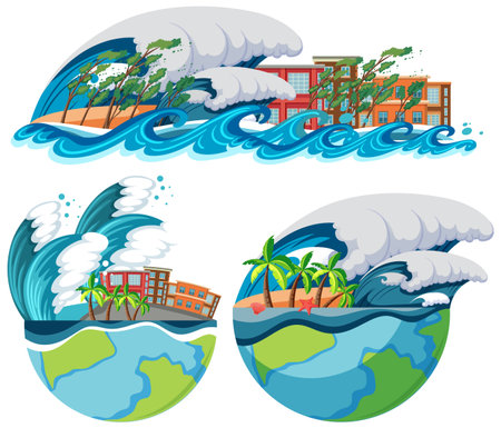 Set of world disaster from Tsunami illustrationのイラスト素材