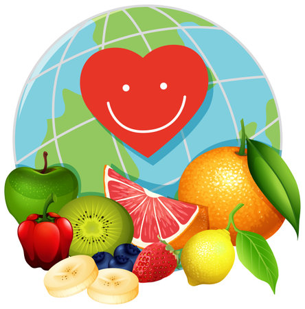 Fruits and heart on earth globe illustrationのイラスト素材