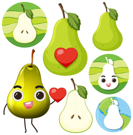 Set of green pear fruit cartoon illustrationのイラスト素材