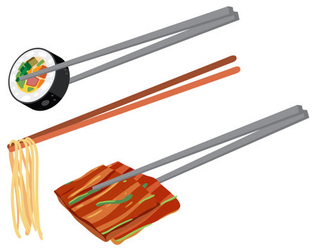 Set of different Japanese foods with chopsticks illustrationのイラスト素材