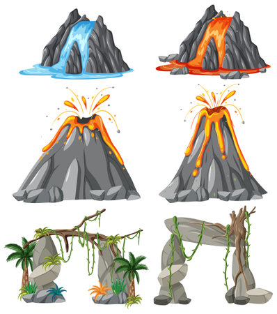 Erupting Volcano Vector Set illustrationのイラスト素材