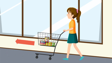 Woman Pushing Shopping Cart in Supermarket illustrationのイラスト素材