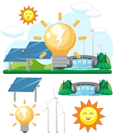 Green energy concept with solar panels and wind turbines illustrationのイラスト素材