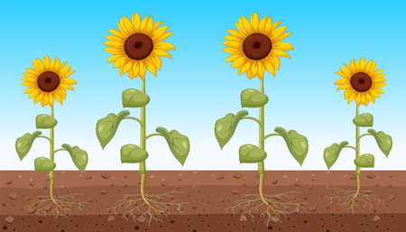 Sunflower showing root underground illustrationのイラスト素材