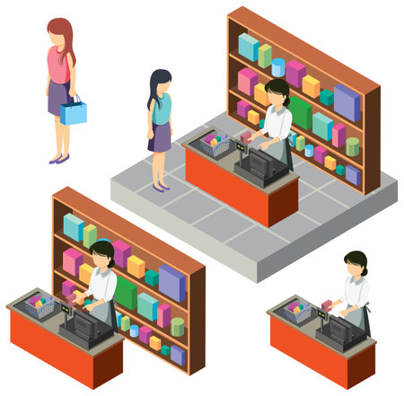 Isometric people in grocery shop set illustrationのイラスト素材
