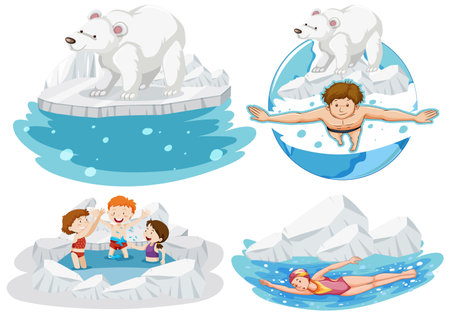 People and polar bear at north pole illustrationのイラスト素材