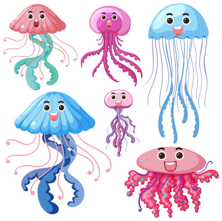 Set of  jellyfish cartoon character illustrationのイラスト素材