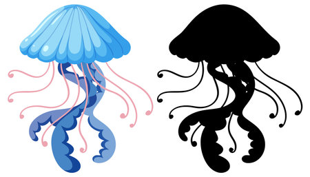 Silhouette of swimming jelly fish illustrationのイラスト素材