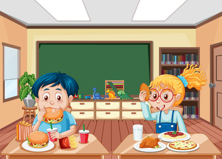 Cheerful Kids Enjoying Mealtime illustrationのイラスト素材