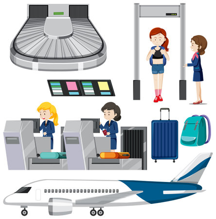 Airport element and people vector set illustrationのイラスト素材