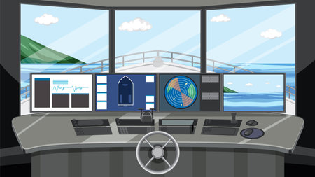 Ship cockpit interior with control panels illustrationのイラスト素材