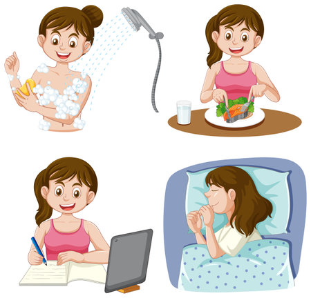 Girl Doing Different Activities illustrationのイラスト素材