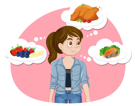 Cartoon Woman Thinking about Food and Meal illustrationのイラスト素材