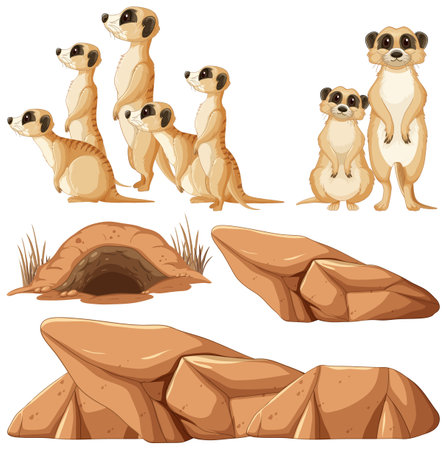 Set of meerkat cartoon character illustrationのイラスト素材