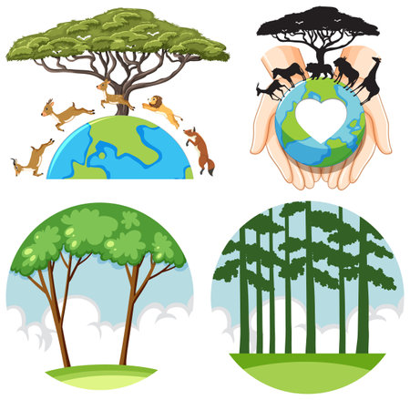 Set of circle temple to save the earth animal and forest illustrationのイラスト素材