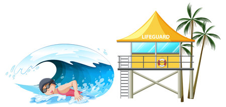 Puberty Girl Swimming with Lifeguard illustrationのイラスト素材