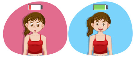 Girl with low energy and full of energy illustration