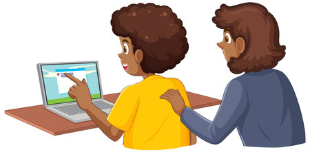 Mother and son using laptop vector illustrationのイラスト素材