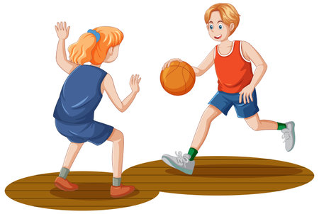 Two Teenagers Playing Basketball Together illustrationのイラスト素材