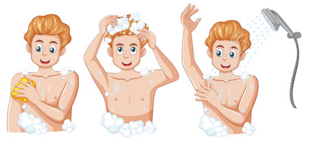 A teen male self care shower routine illustrationのイラスト素材