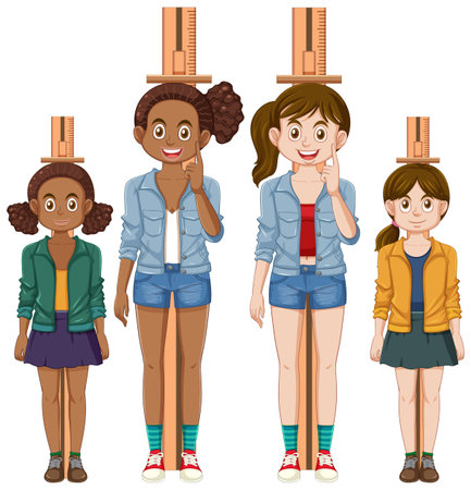 Different girls measuring height illustrationのイラスト素材