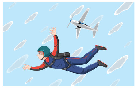 Male skydiver freefall on sky with airplane on background illustrationのイラスト素材