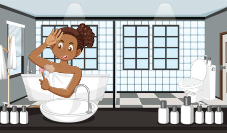 A female teen spray underarm deodorant in bathroom illustrationのイラスト素材