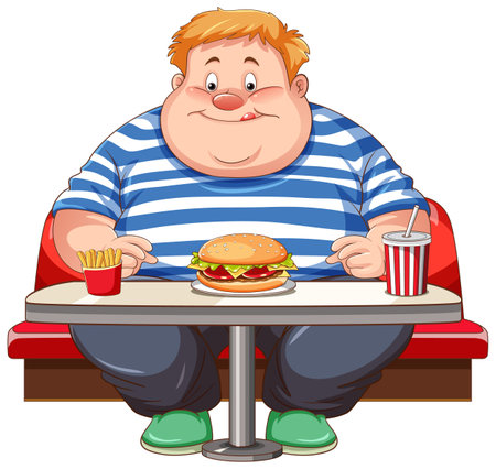 Overweight man eating fast food at the restaurant isolated illustrationのイラスト素材