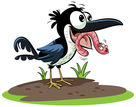 Black Bird Eating Worm in Cartoon Style illustrationのイラスト素材