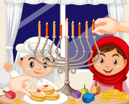 A Family Celebration Hanukkah in Cartoon Style illustrationのイラスト素材
