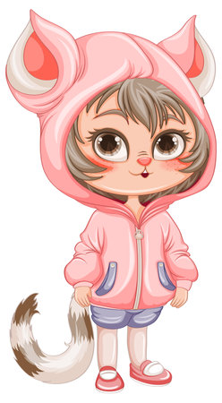 Little Cat Girl Hybrid in Fantasy Cartoon Style illustrationのイラスト素材