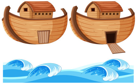 Set of wooden boat and wave illustrationのイラスト素材