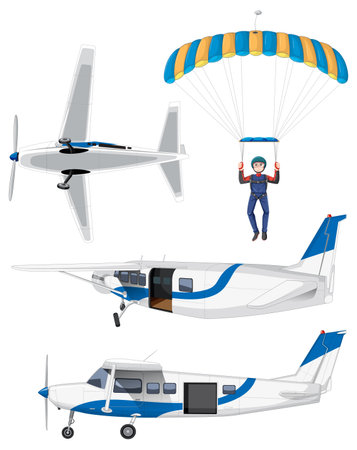 Set of skydiver and airplane illustrationのイラスト素材
