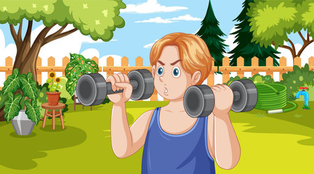 Puberty Boy Training with Dumbbells illustrationのイラスト素材