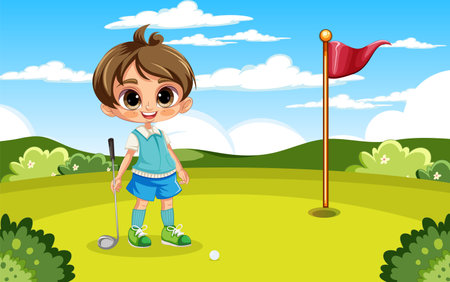 Boy playing golf at golf course outdoor illustrationのイラスト素材