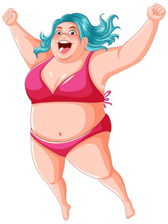 Happy overweight woman with victory expression wearing bikini illustrationのイラスト素材
