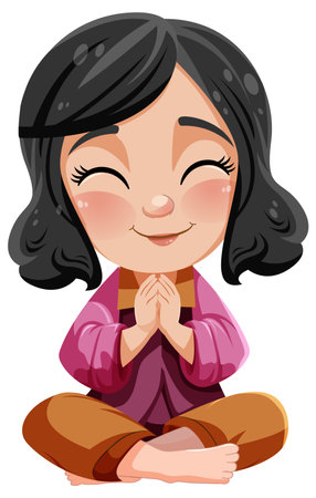 Cute Asian cartoon character with smiley face cit on the floor meditation illustrationのイラスト素材