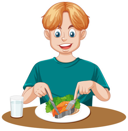 Teenage Boy Enjoying a Nutritious Meal illustrationのイラスト素材