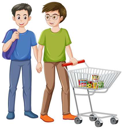 Gay Couple Holding Hands with Shopping Cart illustrationのイラスト素材