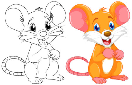 Coloring cute rat cartoon and its colour illustrationのイラスト素材