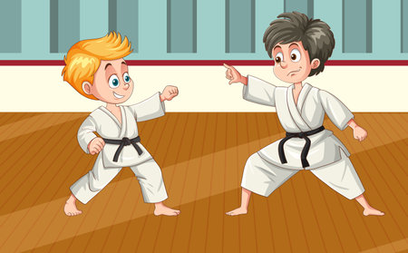 Boys at taekwondo fight illustrationのイラスト素材