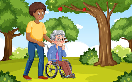 Male caregiver with grandmother on a wheelchair at the park illustrationのイラスト素材