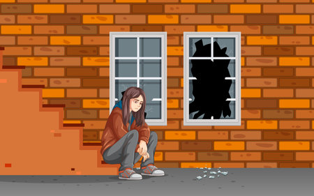 Depressed Teenage Sitting on Stair with Broken Window Scene illustrationのイラスト素材